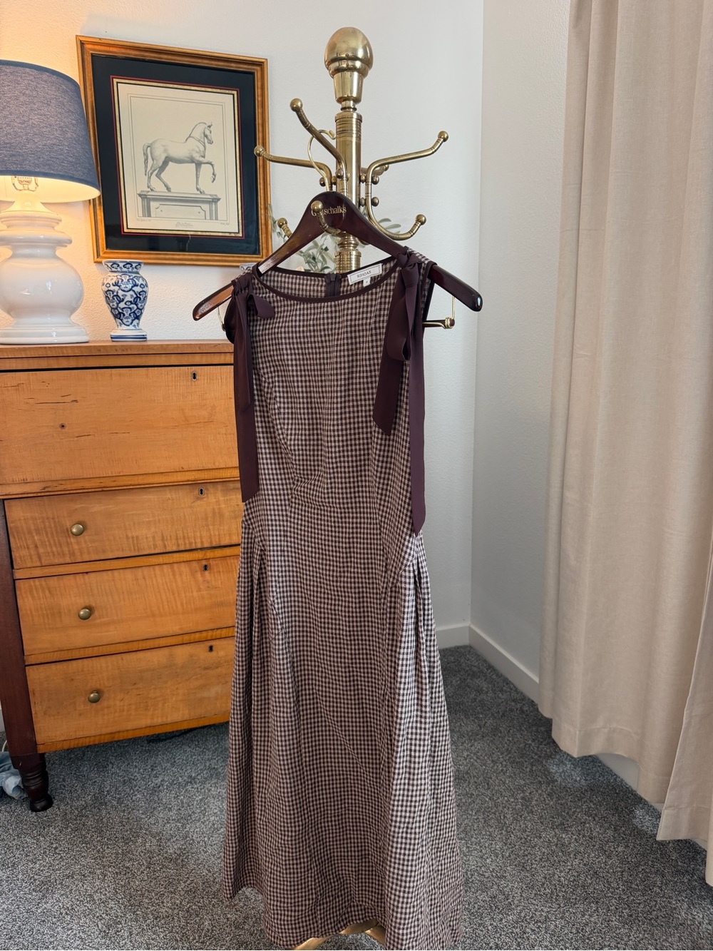 Rihoas Brown Gingham Tie-Shoulder Midi Dress